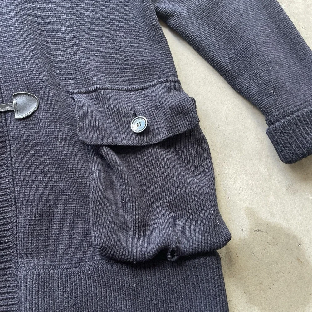 Burberry Brit Merino Wool Knit Duffle Coat Navy Hooded Toggle Nova Check XL - Picture 9 of 10